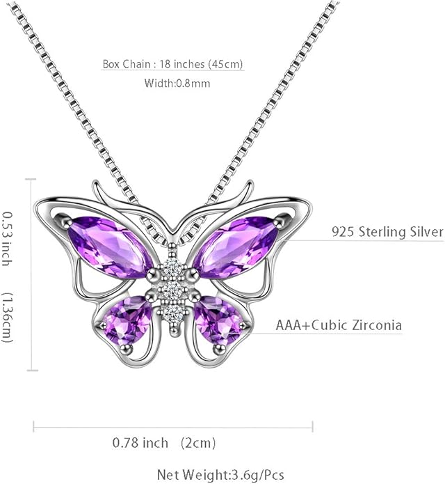 Aurora Tears Butterfly Birthstone Pendant Necklace - Women 925 Sterling Silver Butterflies Birthstone Pendant Necklace Jewelry Birthday Gift for Women