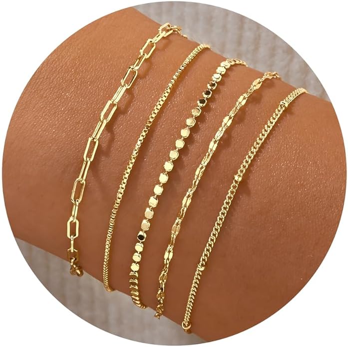 Gold Bracelets for Women Trendy,14K Gold Plated Dainty Stackable Paperclip Cuban Link Chain Bracelets, Simple Cute Cuff Bracelets Jewelry Set Adjustable 7"+2"