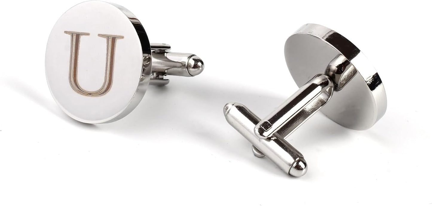 Mens Initial Silver Cufflinks A-Z Alphabet Letter Steel Cuff Links with Engraved Walnut Wood Box Groom Groomsman Wedding Set…