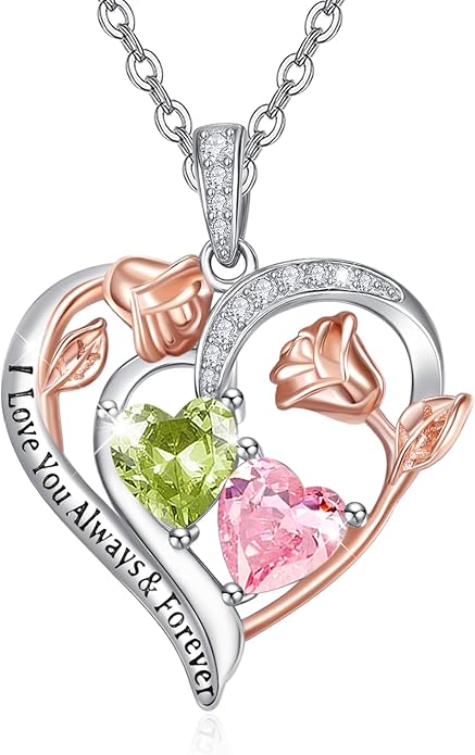 Zeuslia Double Birthstone Necklace Gifts for Wife - 925 Sterling Silver Sunflower/Rose/Crown Cross/Compass/Heart Pendant I Love You Necklace, Anniversary Birthday Gifts for Wife Girlfriend Mom Her