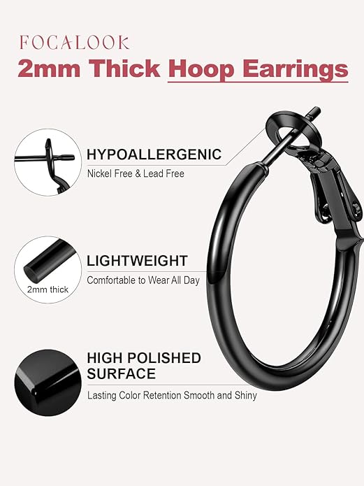 FOCALOOK 14K Gold Plated Lightweight Large Hoops| 2mm Thin Hoop Earrings for Women 30/40/50/70/100mm