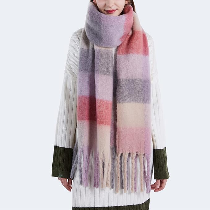 SHOHOKU Large Chunky Plaid Scarf Coloured Checked Oversized Scarf Tassel Soft Fall Winter Thick Warm Shawl Women