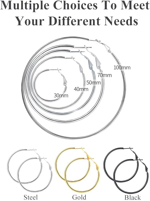 FOCALOOK 14K Gold Plated Lightweight Large Hoops| 2mm Thin Hoop Earrings for Women 30/40/50/70/100mm