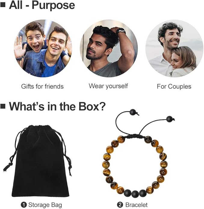 M MOOHAM Natural Stone Bracelets for Men - 8mm Tiger Eye, Matte Agate, Lava Rock - Teen Boys Gifts for Birthday, Anniversary, Christmas