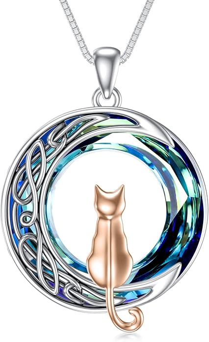 TOUPOP Christmas Cat Gifts for Cats Lovers One Two Three Four Cats Necklace Sterling Silver Cats on the Moon Pendant Necklace with Blue Circle Crystal Birthday Christmas Celtic Jewelry Gifts for Women