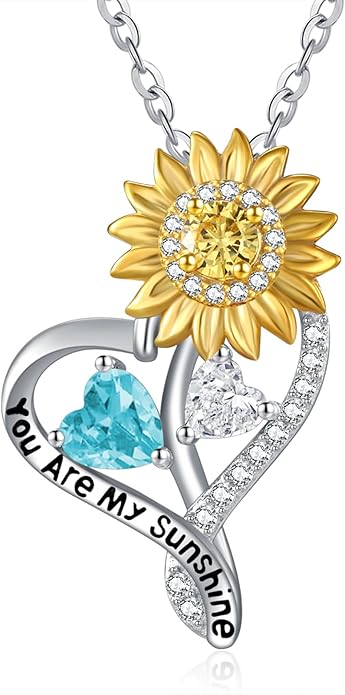 Zeuslia Double Birthstone Necklace Gifts for Wife - 925 Sterling Silver Sunflower/Rose/Crown Cross/Compass/Heart Pendant I Love You Necklace, Anniversary Birthday Gifts for Wife Girlfriend Mom Her