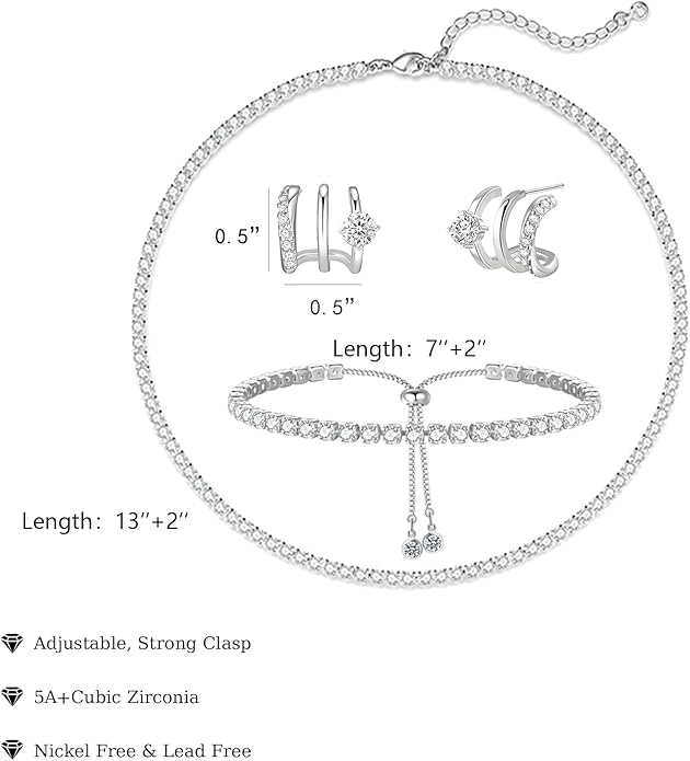 Tennis Necklace Bracelet for Women, Sterling Sliver, Dainty Chocker Necklace, Crystal Bracelet for Women, Wedding Jewelry for Bride, Sparkly Party Prom Hypoallergenic