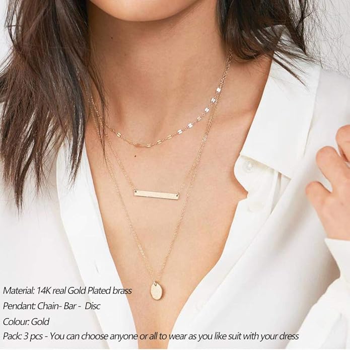 Turandoss Dainty Layered Choker Necklace, Handmade Y Pendant Necklace Multilayer Bar Disc Necklace Adjustable Layering Choker Necklaces for Women