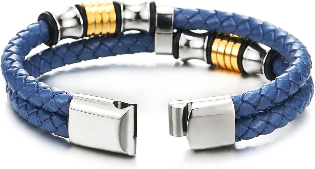 COOLSTEELANDBEYOND Mens Double-Row Braided Leather Bracelet Bangle Wristband with Stainless Steel Ornaments