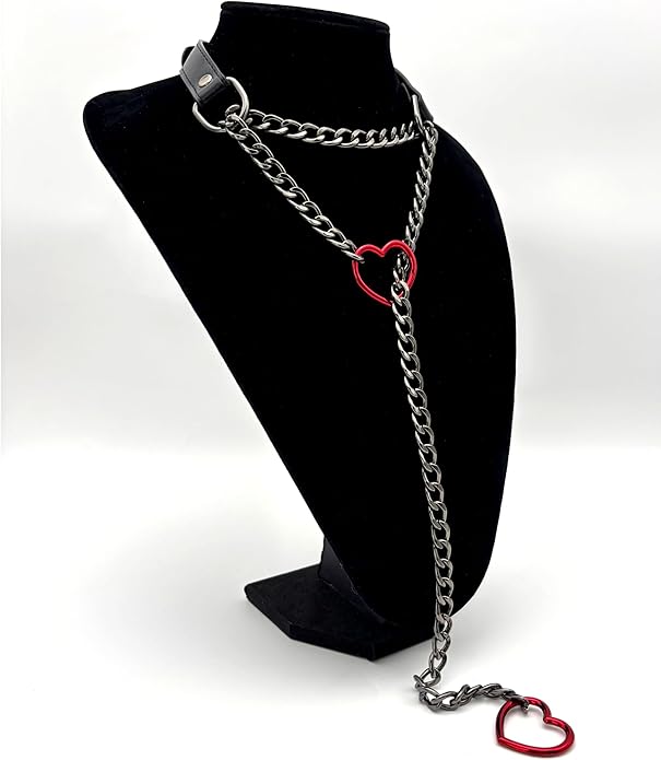 Black Leather Choker Collar For Women, Handmade Heart Slip Chain Choker Long Necklace with Adjustable Buckle