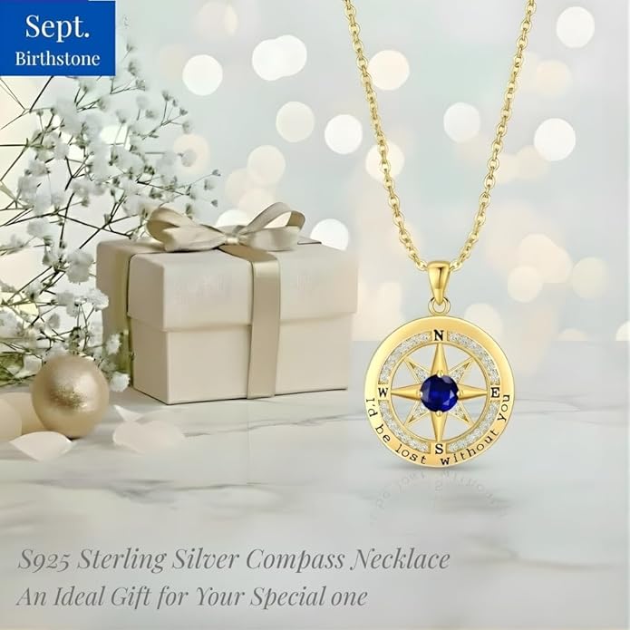 Compass Necklace for Women Wife Girlfriend Mom Daughter Gifts S925 Silver Jewelry For Anniversary Rose Gold Gifts For Birthday Christmas Mothers Valentines Day 12 Birthstones