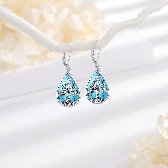 Sterling Silver Tree of Life/Flower/Bee/Animals/Cat/Hummingbird Dangle Earrings Moonstone Turquoise Drop Leverback Earrings Jewelry Gifts
