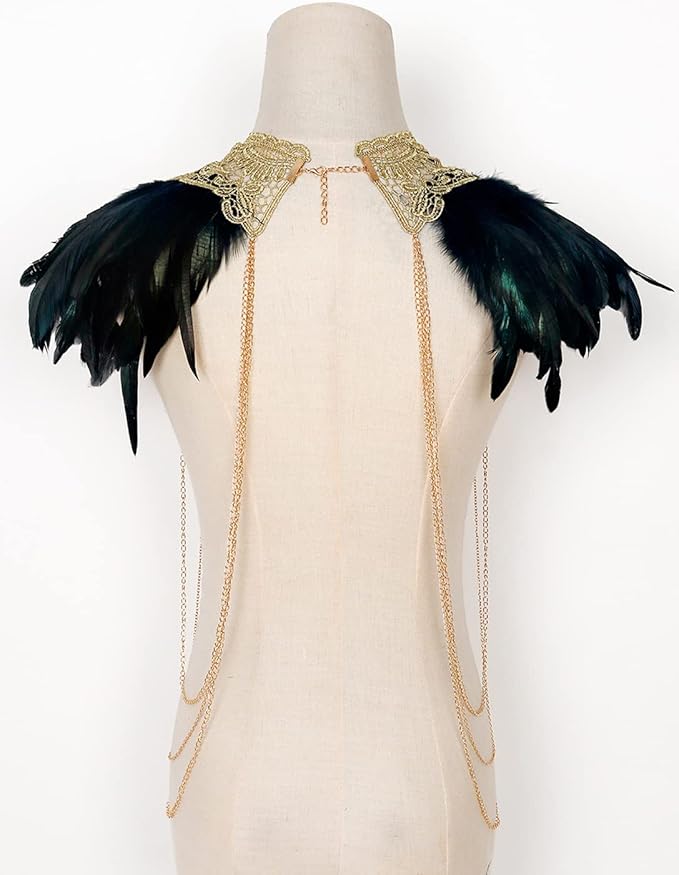 L'VOW Real Black Feather Harness Lace Collar Necklace Bib Halloween