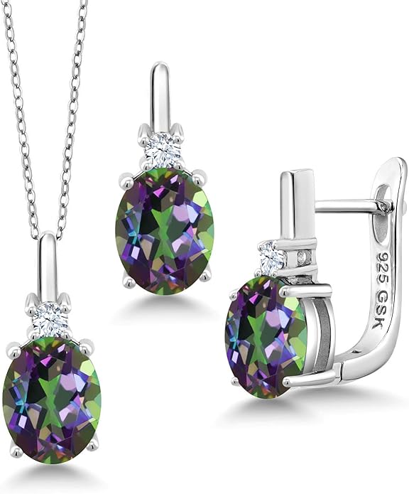 Gemstone Birthstone and White Created Sapphire Pendant and Earrings Jewelry Set for Women in 925 Sterling Silver | Oval 8X6MM and Round 2.5MM | With 18 Inch Chain | Fine Jewelry for Her Mom Women Wife