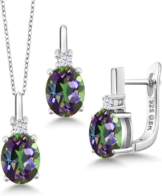 Gemstone Birthstone and White Created Sapphire Pendant and Earrings Jewelry Set for Women in 925 Sterling Silver | Oval 8X6MM and Round 2.5MM | With 18 Inch Chain | Fine Jewelry for Her Mom Women Wife