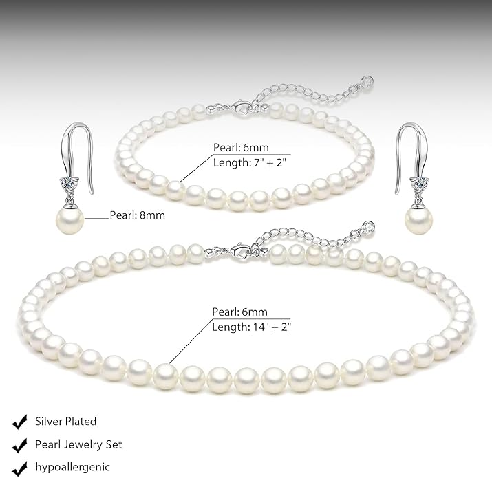 Gold Jewelry Set for Women - Dainty 14K Gold/Silver Plated Pearl Choker Necklace, Drop Earrings & Bracelets - Wedding Trendy Pearl Jewelry Gift