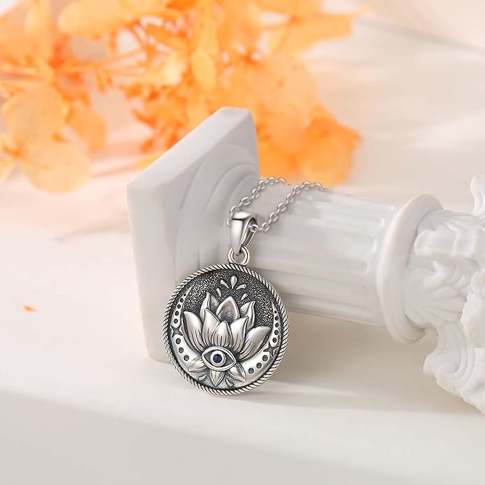 Evil Eye Necklace Sterling Silver Lotus Necklaces Evil Eye Pendant Spiritual Protection Amulet Jewelry Birthday Mother Gifts for Women Men