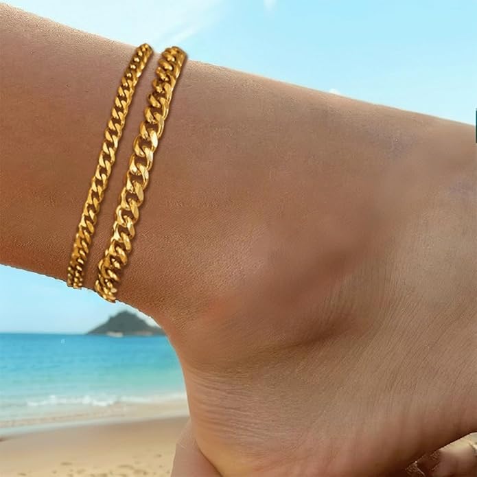 Ankle Bracelets For Women Waterproof Adjustable Ankles 18KGold Plated Dainty Trendy Layered Cuban Link Chain Anklets Set Beach Jewelry