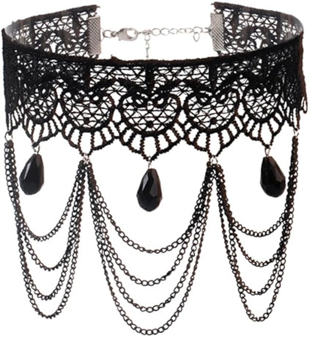 Gothic Lace Choker Necklace for Women,Vintage Black Crystal Hollowed Out Choker Statement Punk Style Layered Tassels Necklace Halloween Dark Witch Costume