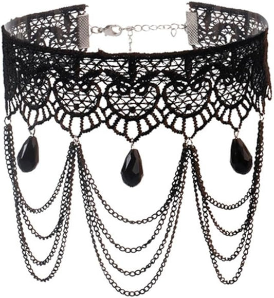 Gothic Lace Choker Necklace for Women,Vintage Black Crystal Hollowed Out Choker Statement Punk Style Layered Tassels Necklace Halloween Dark Witch Costume