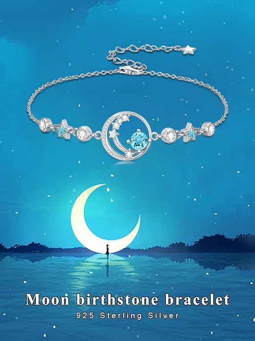 Moon and Star Birthstone Charm Link Bracelet 925 Sterling Silver Moon and Star Bracelet with 12 Months Birthstone Birthday Jewelry Gifts for Women Mom Her,Chain Length 7"+2" Extend