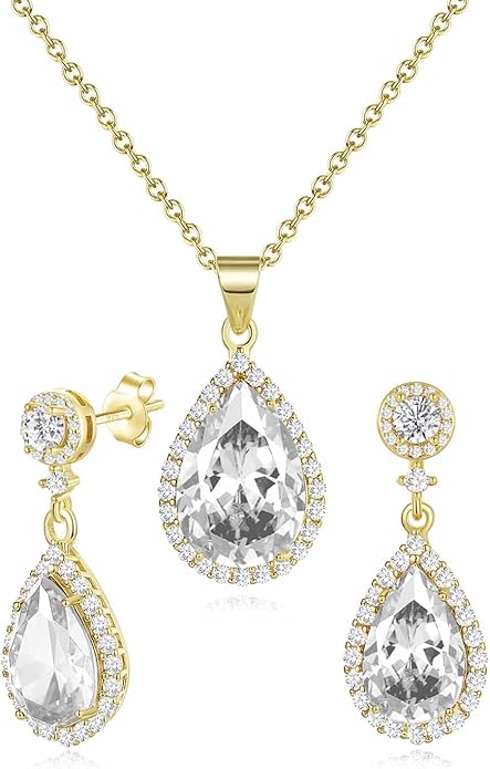 REASAYLL Jewelry Sets For Women 925 Sterling Silver Post Teardrop Dangle Stud Earrings Necklace Set Crystal Rhinestone Wedding Prom Costume Jewelry for Women