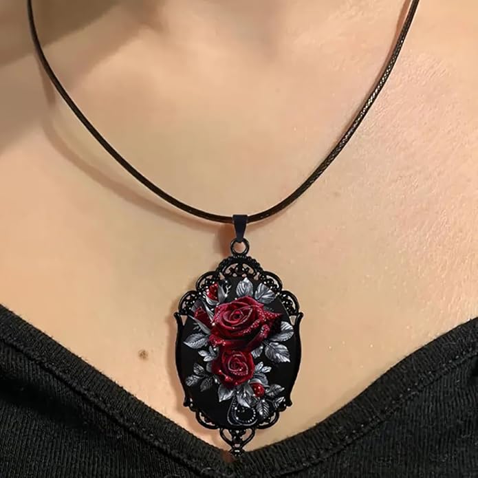 Gothic Rose Glass Necklace for Women Vintage Satan Demon Pendant Halloween Roses Necklaces Dark Punk Style Necklace Victoria Emboss Necklaces Mystic Witch Jewelry Gift Accessories