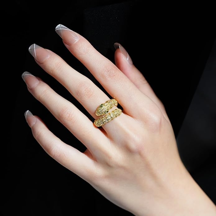 Aura & lrena Adjustable Snake Rings for Wome, 18K Gold or Platinum Plating Open-Ended Ring with AAA Cubic Zirconia Fashion Jewelry, Statement Gift Design Rings for Men and Women Non Tarnish