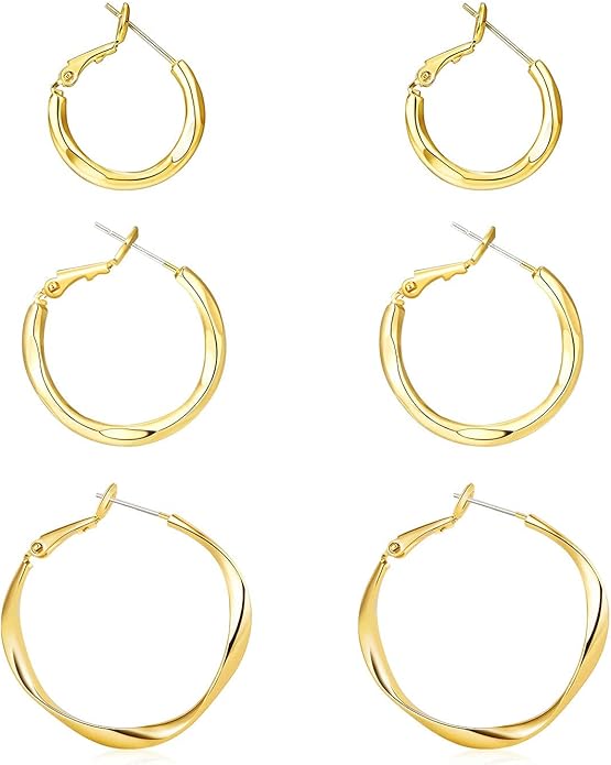 Gold Hoop Earrings Set for Women: Thick 14k Gold Plated Oval Teardrop Sensitive Ear Jewelry Pack Hypoallergenic Hoops Earringsfor Women Fashion (20-35mm)