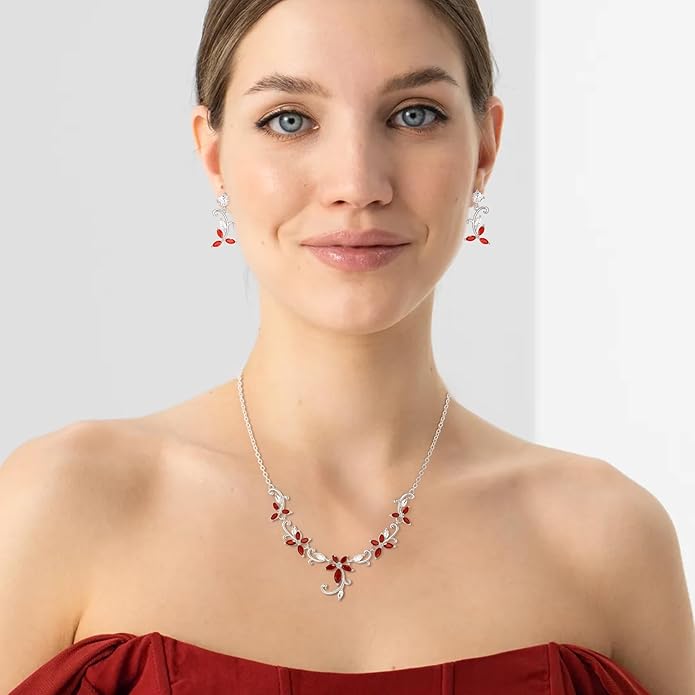 Crysdue Flower Leaf Wedding Jewelry Set for Bridal Bridemaid, Cubic Zirconia Teardrop Elegant Silver/14K/Rose Gold Plated Vine Necklace Dangle Earrings for Prom Party
