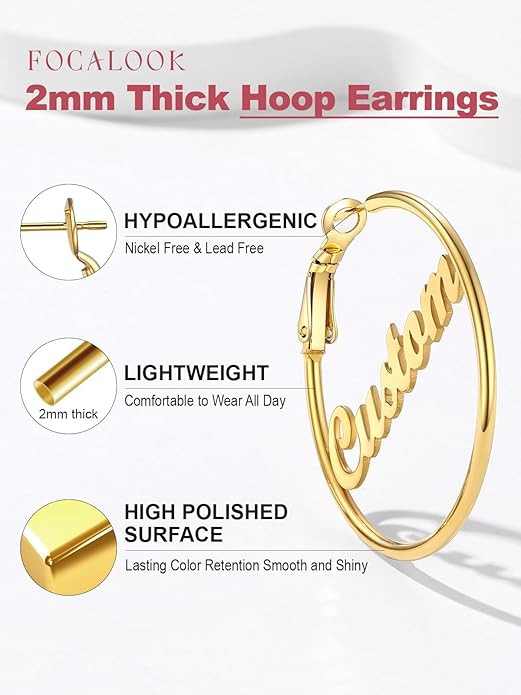 FOCALOOK 14K Gold Plated Lightweight Large Hoops| 2mm Thin Hoop Earrings for Women 30/40/50/70/100mm