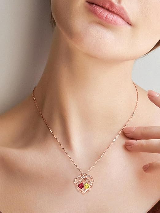 Rose Gold Necklaces for Women Double Birthstone Rose Flower Heart Pendant Necklace Jewelry Anniversary Christmas Valentine's Mother's Day Birthday Gift for Wife Mom Her Girlfriend Sister