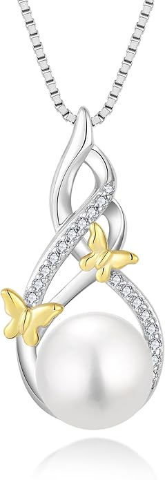 Veshon Celtic Infinity Pearl Pendant Necklace for Women, 925 Sterling Silver Good Luck Irish Pendant with 10MM Freshwater Cultured Pearl, White/Rose/ 14K Gold Plated Jewelry Gift