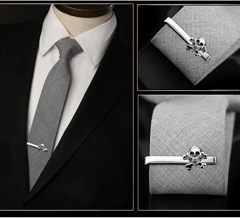 Punk Skull Cufflinks & Tie Clip for Men, Unique Cool 3D Skeleton Cuff-Links Necktie Bar Set, Silver Gothic Pirate Button & Stickpin, Novelty Tie Bars for Wedding & Cosplay Theme Party, Gift for Groomsmen Grooms - Love Forever till Death