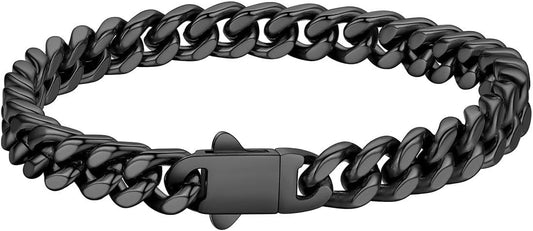 FaithHeart Mens Stainless Steel Cuban Link Bracelet - 5/7/9/12mm Width 7.5"/8.3"/9" Black/Silver/Gold Plated Heavy Duty Wrist Chain Bracelet Hip Hop Jewelry Birthday Gifts for Him