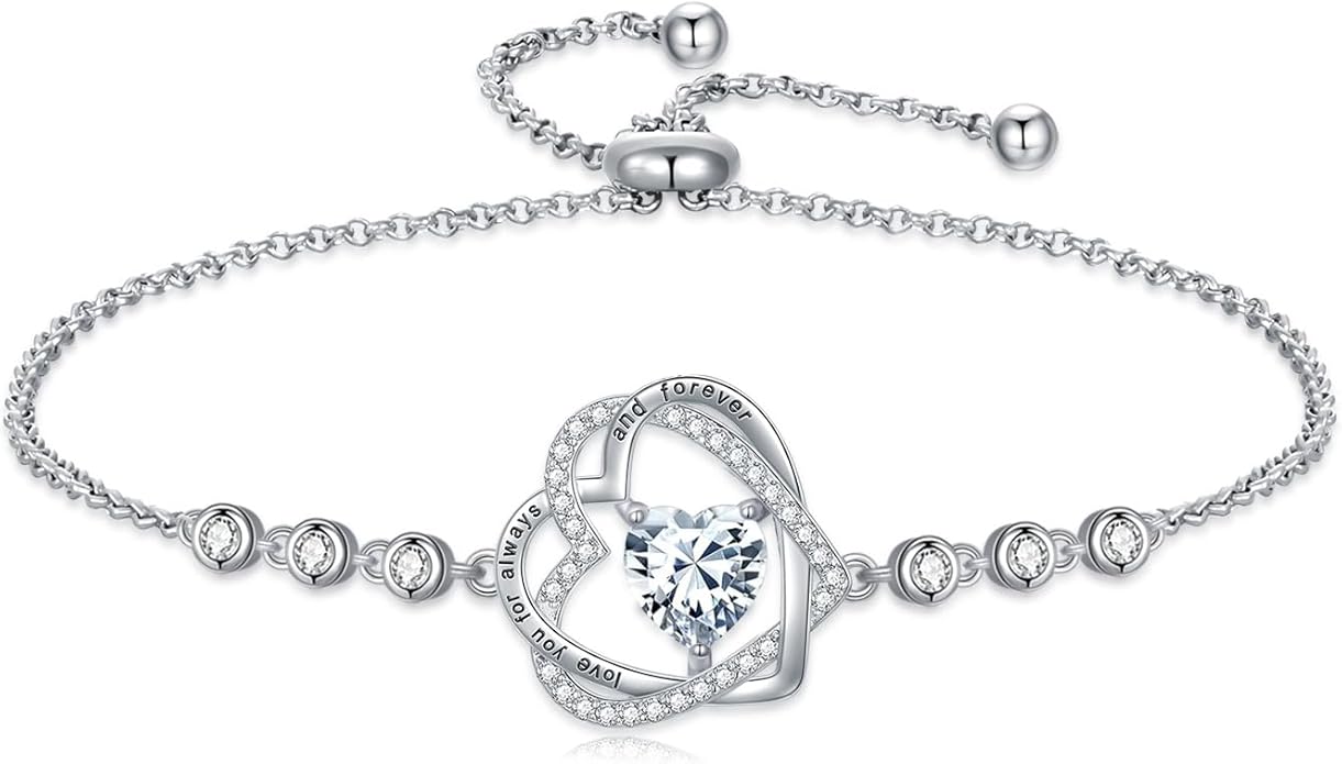 TOUPOP Heart Birthstone Bracelet 925 Sterling Silver Double Heart Bracelet Love You for Always and Forever Jewelry Anniversary Birthday Christmas Gifts for Women Wife Her