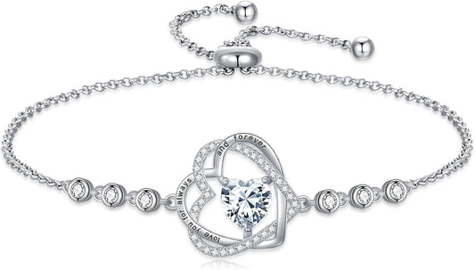 TOUPOP Heart Birthstone Bracelet 925 Sterling Silver Double Heart Bracelet Love You for Always and Forever Jewelry Anniversary Birthday Christmas Gifts for Women Wife Her