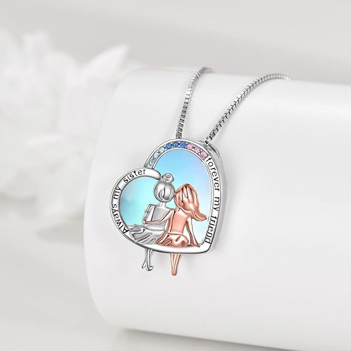 AOBOCO Gifts for Sister 2 3 Sisters Necklace for Women Sterling Silver Sister Crystal Pendant Jewelry Birthday Christmas Gifts for Friend Female Friendship Lasts Forever