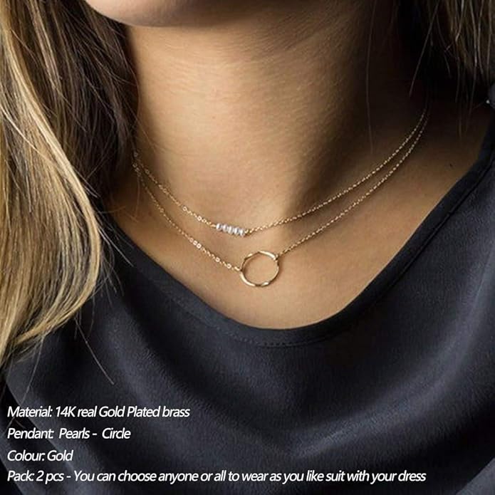 Turandoss Dainty Layered Choker Necklace, Handmade Y Pendant Necklace Multilayer Bar Disc Necklace Adjustable Layering Choker Necklaces for Women