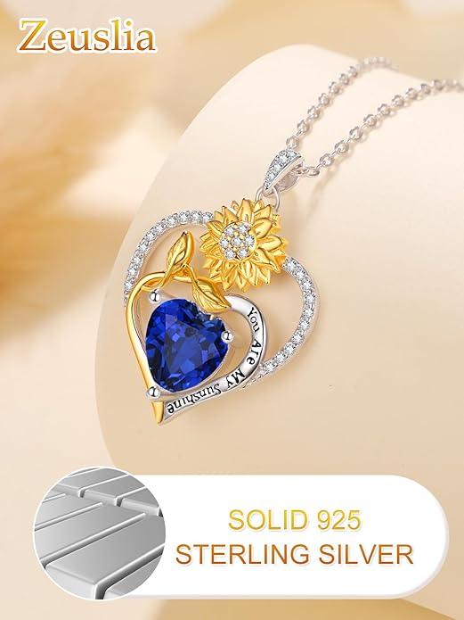 Zeuslia Double Birthstone Necklace Gifts for Wife - 925 Sterling Silver Sunflower/Rose/Crown Cross/Compass/Heart Pendant I Love You Necklace, Anniversary Birthday Gifts for Wife Girlfriend Mom Her