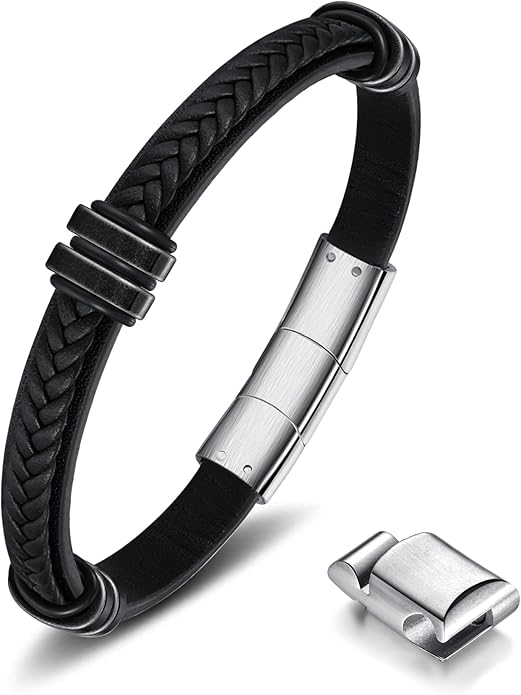 Leather Bracelet for Men with Adjustable Stainless Steel Magnetic Clasp Multi-Layer Braided Mens Leather Bracelet