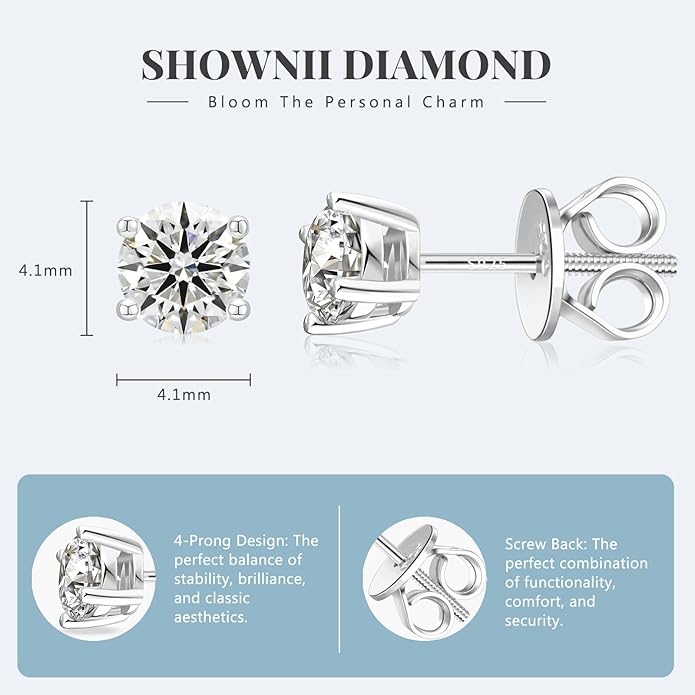 SHOWNII Diamond 4-Prong Lab-Grown Diamond Stud Earrings for Women 0.5CT 1CT 14K Gold Plated S925 Sterling Silver Screw Back Earrings(I-J Color, S1-VS2 Clarity)