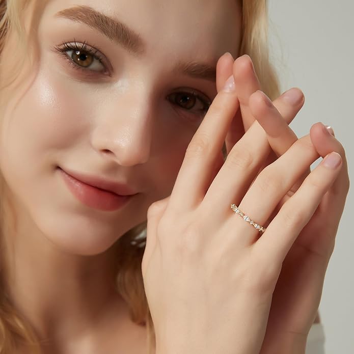 SHINYSO 14K Gold Plated Wedding Band for Women Thin Stacking Ring Half Cubic Zirconia Eternity Engagement Ring Size 4-10