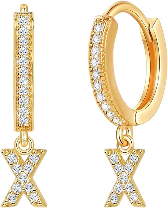 18K Gold Filled Initial Dangle Hoop Earrings for Women, 1 Pair CZ Hypoallergenic Alphabet Letter A-Z Drop Dangle Dainty Gold Earrings, Small Huggie Hoop Earrings with Cubic Zirconia Gifts Jewelry