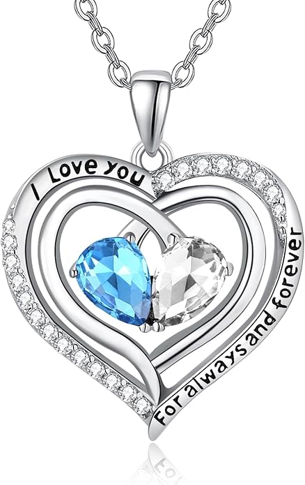 Zeuslia Double Birthstone Necklace Gifts for Wife - 925 Sterling Silver Sunflower/Rose/Crown Cross/Compass/Heart Pendant I Love You Necklace, Anniversary Birthday Gifts for Wife Girlfriend Mom Her
