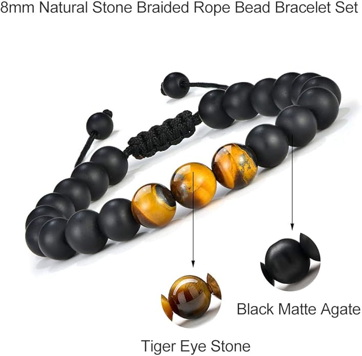 M MOOHAM Natural Stone Bracelets for Men - 8mm Tiger Eye, Matte Agate, Lava Rock - Teen Boys Gifts for Birthday, Anniversary, Christmas