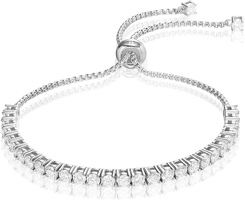LOVE&LOVE Moissanite Tennis Bracelets for Women, 3mm & 4mm D Color VVS1 Round Cut｜925 Sterling Silver Adjustable Bracelet, Jewelry Gift Her Birthday Anniversary