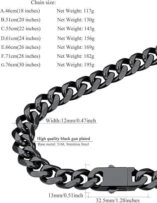 FindChic Cuban Link Chain for Men, 6/9/12mm Necklace Chain, Black/Gold Plated/Stainless Steel Necklace, Hypoallergenic & Tarnish-Proof Men's Jewelry Hip Hop Accessories, 18-30" Length Options