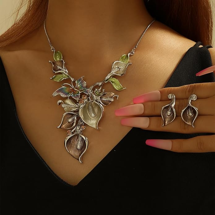 Chunky Statement Jewelry Set Vintage Retro Leaf Flower Floral Geometric Bohemian Boho Bib Necklace Earring Set Fashion Costume Jewelry for Women Girls Wedding Party Prom Unique Gift