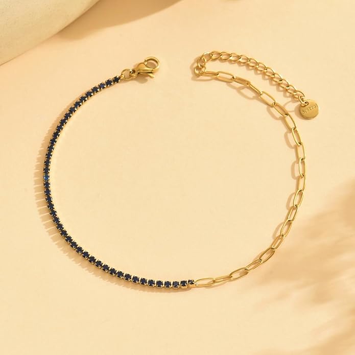 Anklet Bracelets for Women 18K Gold Plated Tennis Anklets Dainty Sapphire Paperclip Pearl Sequin Droplet Adjustable Large Anklet Bracelets Simple Beach Summer Waterproof Foot Jewelry